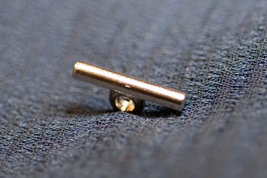 Silver buttin on a textured dark surface